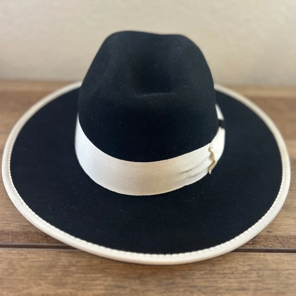Bruno Capelo Black Australian Wool Fedora Hat Urban Collection Cream Trim Medium